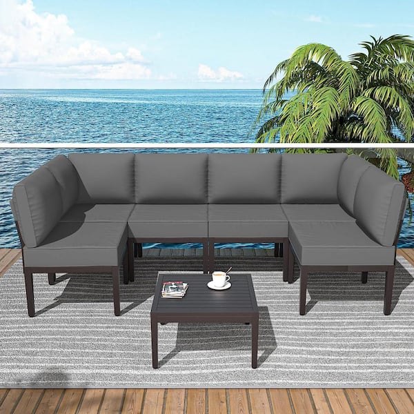 7-Piece Metal Outdoor Sectional Set with Cushion Grey