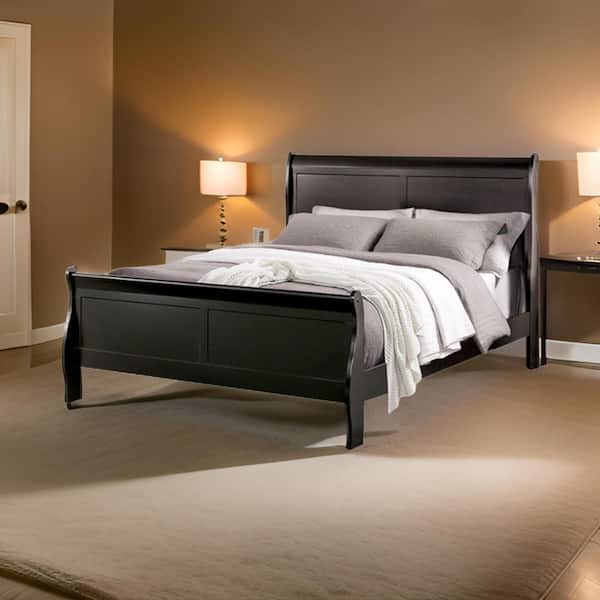 Ryla Black Queen Wood Frame Sleigh Bed with Panel Headboard