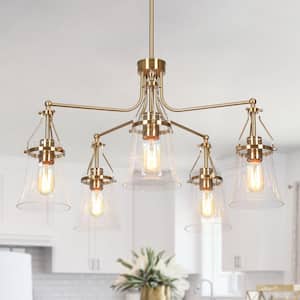 Modern 5-Light Brass Island Chandelier for Living Room with Bell Seeded Glass Shades and No Bulbs Included