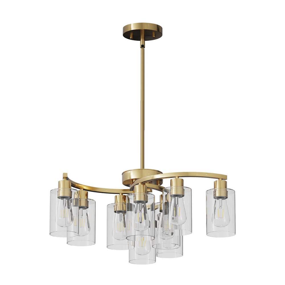 Modern 9-Light Gold Chandelier, Adjustable Height Dining Room, Kitchen Island Pendant, Clear Glass Shades, No Bulbs price history on PriceWatchPro