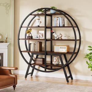 Eulas 67 in. Round Brown 5 Tiers Industrial Bookshelf Etagere Bookcase with Open Back