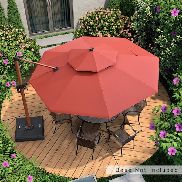 PURPLE LEAF 11 ft. Octagon All-aluminum 360-Degree Rotation Wood pattern Cantilever Offset Outdoor Patio Umbrella in Brick Red