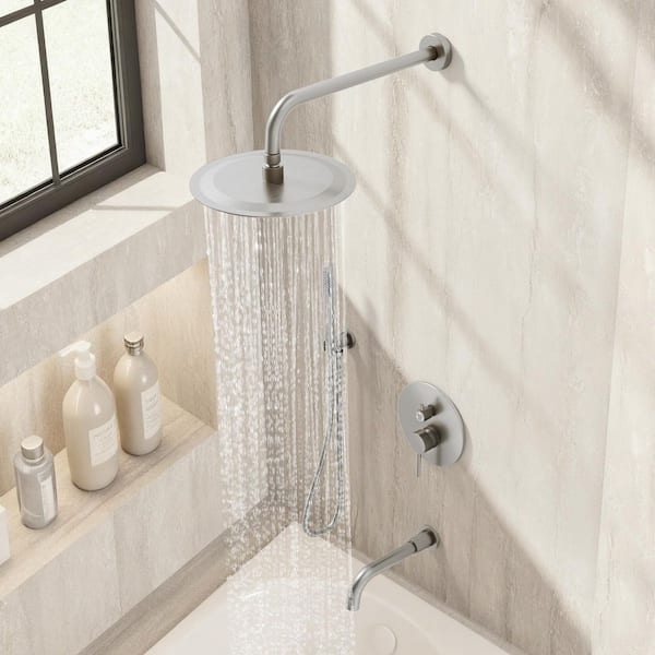 Double Handles 3-Spray 10 in. Wall Mount Shower Head Tub and Shower Faucet in Brushed Nickel (Valve Included)