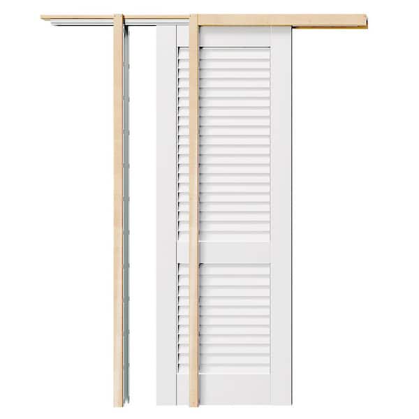 24 in. x 80 in. White Primed Louvered Panel Solid Wood Sliding Pocket Door with Soft Close, Frame and Hardware