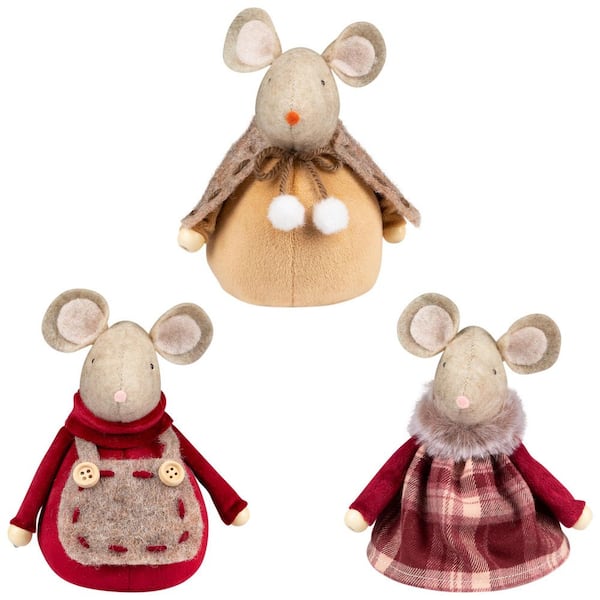 Plush Mice Trio Christmas Figures - 5 in. - Sand Brown and Burgundy - (Set of 3)