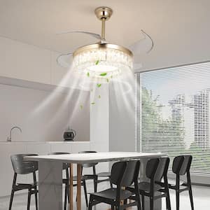 42 in. Indoor Gold Modern Crystal Retractable Ceiling Fan Light with 3-Color Integrated LED, Reversible Motor and Remote