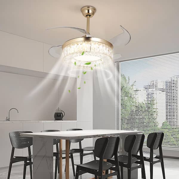 42 in. Indoor Gold Modern Crystal Retractable Ceiling Fan Light with 3-Color Integrated LED, Reversible Motor and Remote