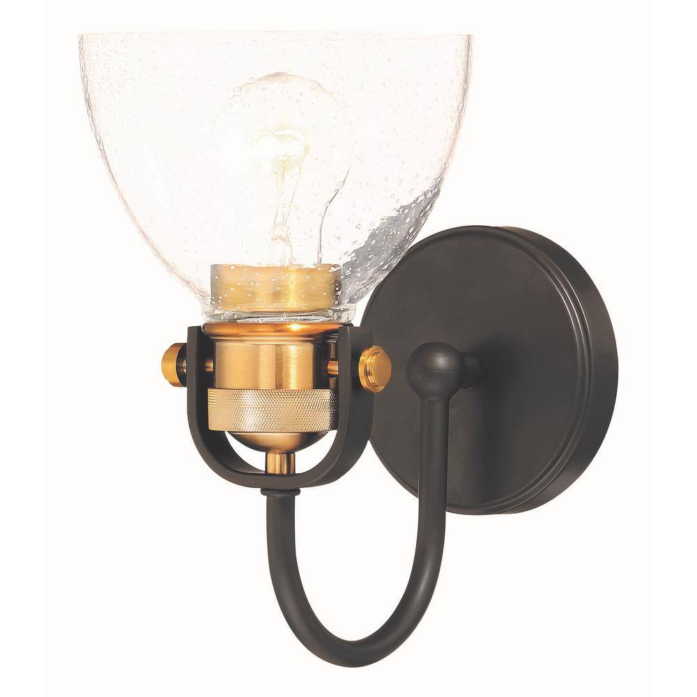 Lustrous Bronze and Brass Industrial Wall Sconce with Clear Seedy Glass Shade