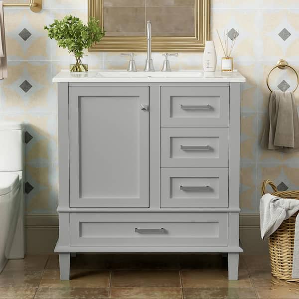 Nyveth 30 in. Modern Grey Bath Vanity with White Ceramic Top, 4-Drawers, Shelves, Wood