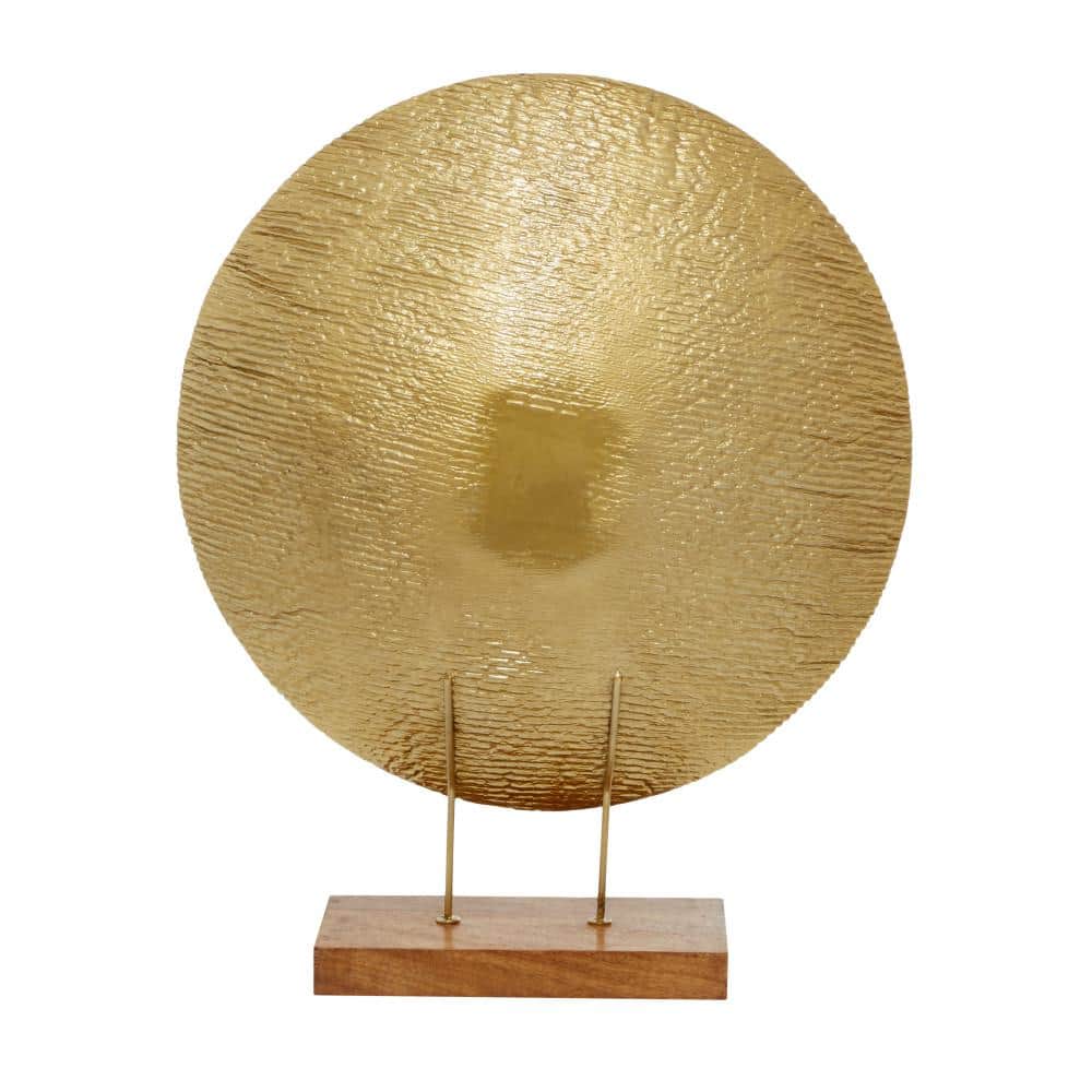 Gold Metal Geometric Plate Sculpture with Wood Stand