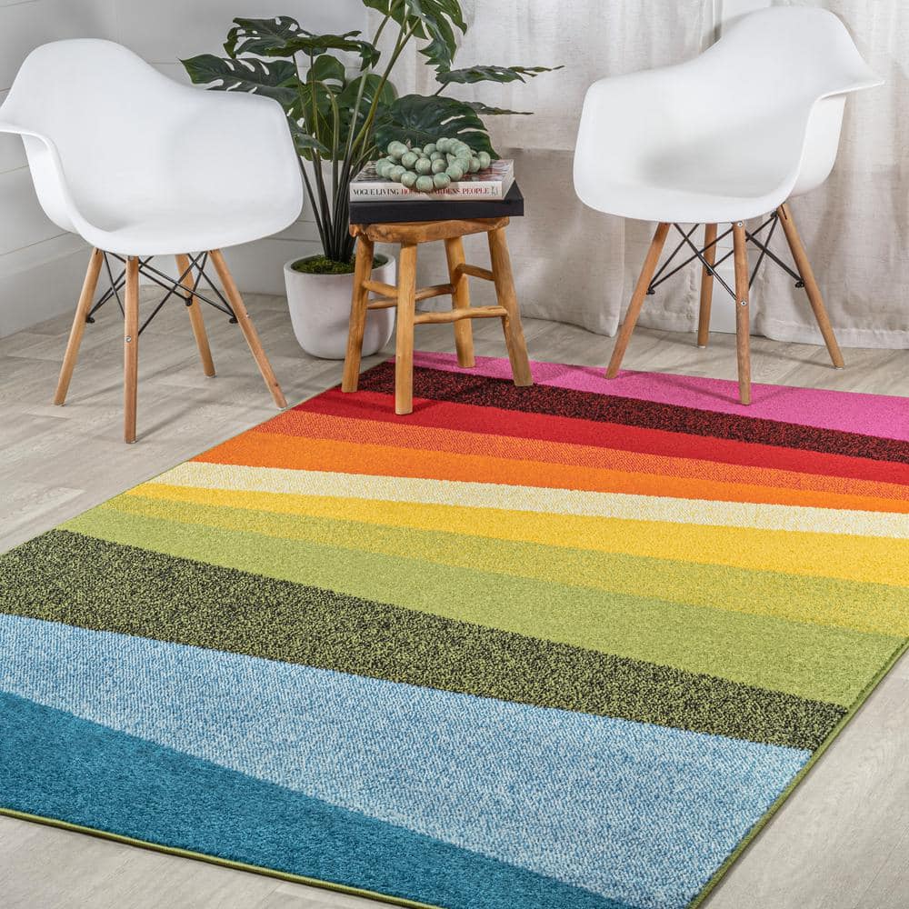 Colorful Geometric Striped Blue Synthetic Kids' 4' x 6' Rug