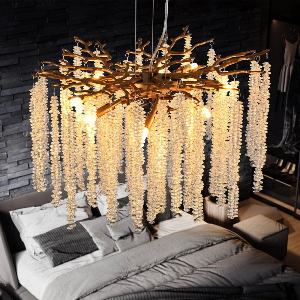 FEKZO 8-Light Gold Waterfall Crystal Chandelier for Living Room