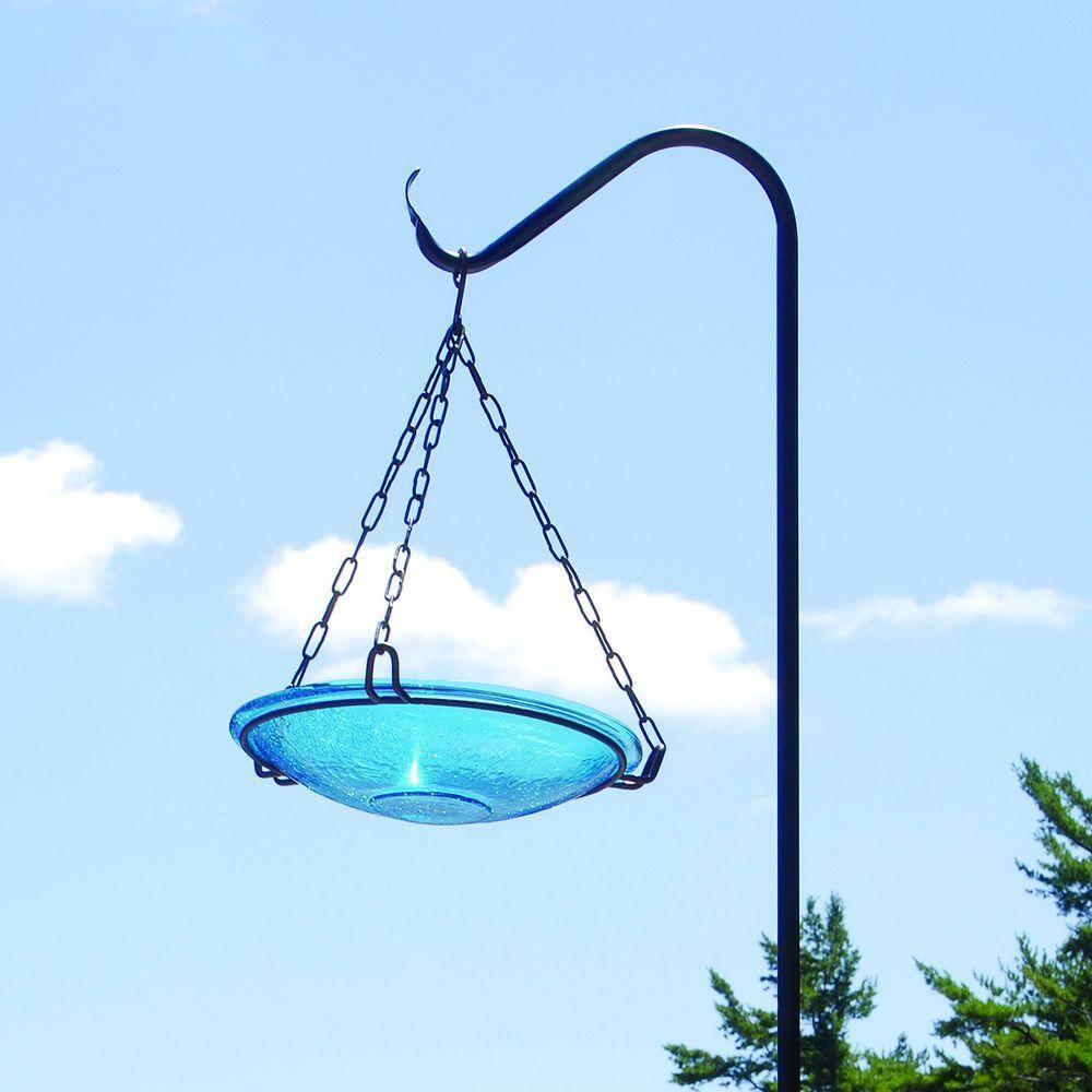 Teal Blue Crackle Glass Hanging Birdbath Bowl with Iron Chain