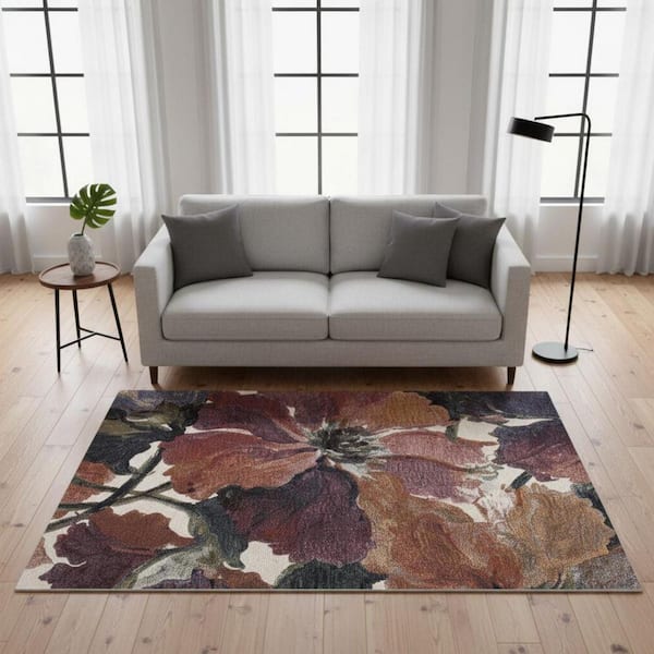5 ft. x 8 ft. Pink Green And Beige Botanical Leaves Area Rug