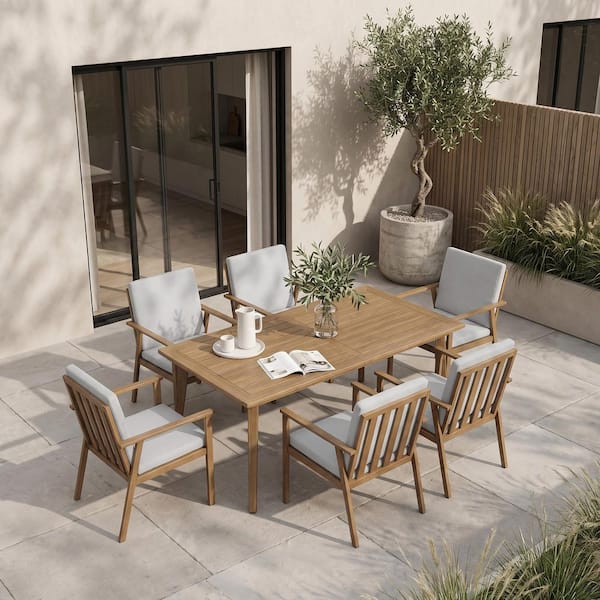 Alulux Wood-Like 7-Piece Aluminum Outdoor Dining Set with Large Table and White Cushions