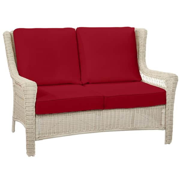 Hampton Bay Park Meadows Off-White Wicker Outdoor Patio Loveseat with CushionGuard Chili Red Cushions