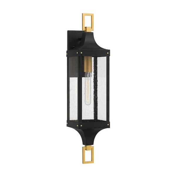 Savoy House Glendale 28 in. Matte Black and Weathered Brushed Brass Outdoor Hardwired Wall Lantern Sconce with No Bulbs Included