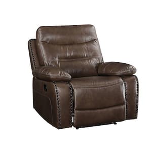 Brown Leatherette Power Recliner with Nailhead Trim Accent