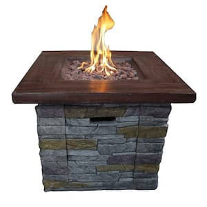 Brown Square Stone Gas Fire Pit Table with Lava Rocks and Control Panel