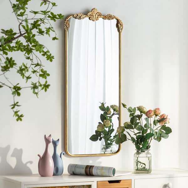 16 in. W x 36 in. H Rectangular Antiqued Baked Gold Finish Iron Framed with Carved Accent Wall Mirror