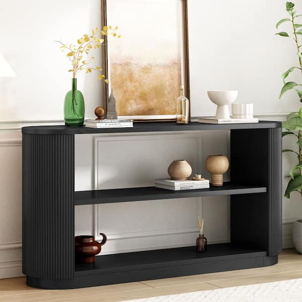 CHRISTOPHER KNIGHT HOME Ivan Modern 58.9 in. Black Oval MDF and Solid Wood Entryway Console Table with Open Shelf
