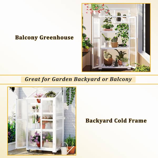 30 in.L x 19 in.W x 44 in. H Wood Greenhouse Cold Frame With Wheels Adjustable Shelves For Outdoor Balcony In White