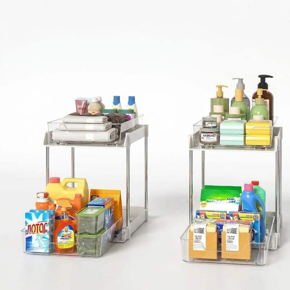 2 Pack White and Clear 2-Tier Sliding Drawer Under Sink Organizer Tray Pull Out Cabinet Storage for Bathroom Kitchen