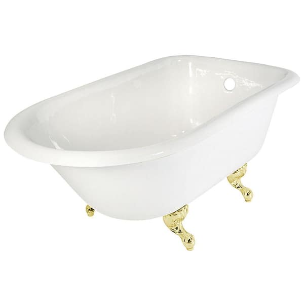 Elizabethan Classics 54 in. Roll Top Cast Iron Tub Less Faucet Holes in White with Ball and Claw Feet in Polished Brass