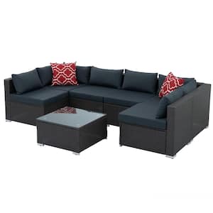 7 Piece Patio Furniture Outdoor Furniture Seasonal PE Wicker Furniture with Blue Cushions