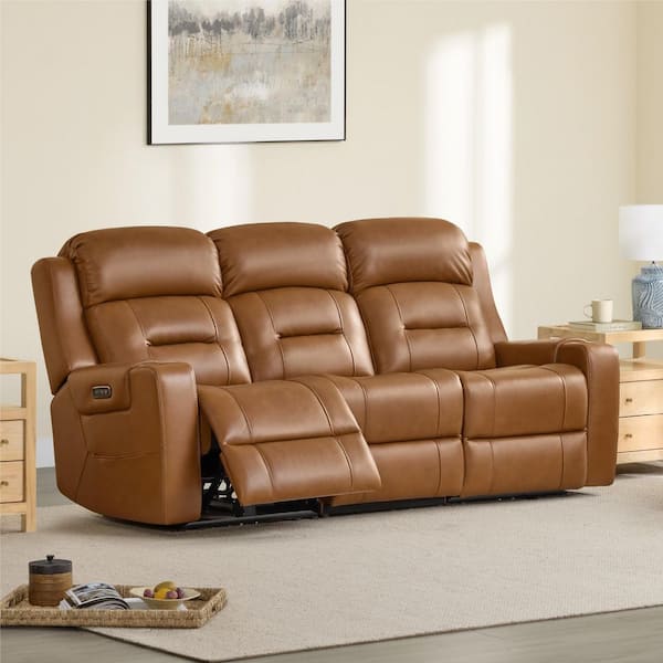 Cade 84.45 in. Rectangle Dual Motors Rolled Arm Lay Flat Leather Power Reclining Sofa in Saddle with Power Headrest