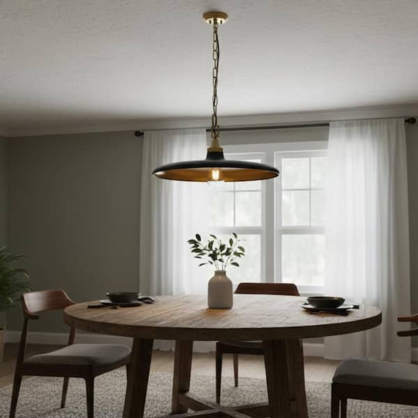 60-Watt 1 Light Black Shaded Pendant Light with Gold Hardware