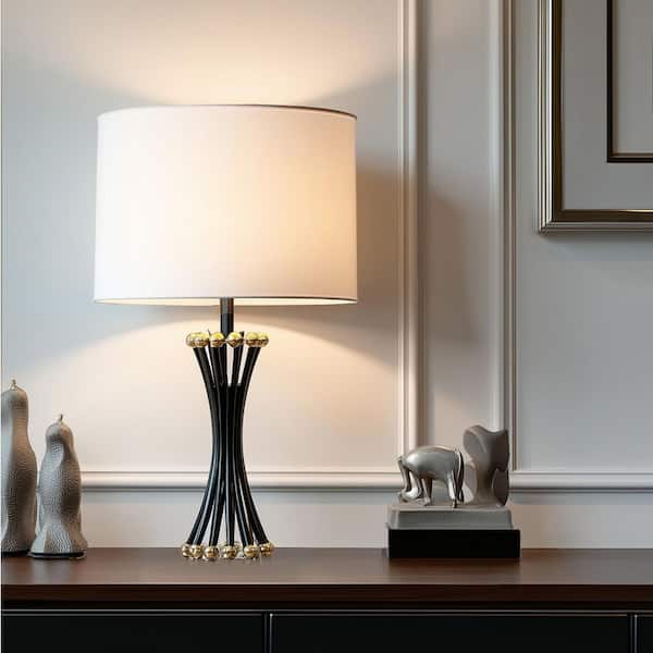 30 in. Black and Gold Hardwired LED Slender Metal Table Lamp with Classic White Linen Shade