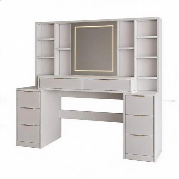 1-Piece White Makeup Vanity Desk with Mirror and Lights, 59-Inch Dressing Table with 8 Drawers & Open Shelves