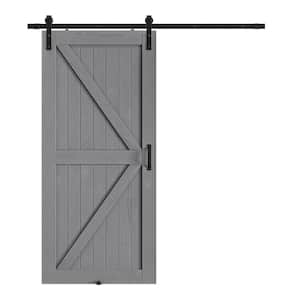 38 in. x 84 in. Grey Wood K-Shaped Natural Solid Finished Interior Sliding Barn Door with Hardware Kit
