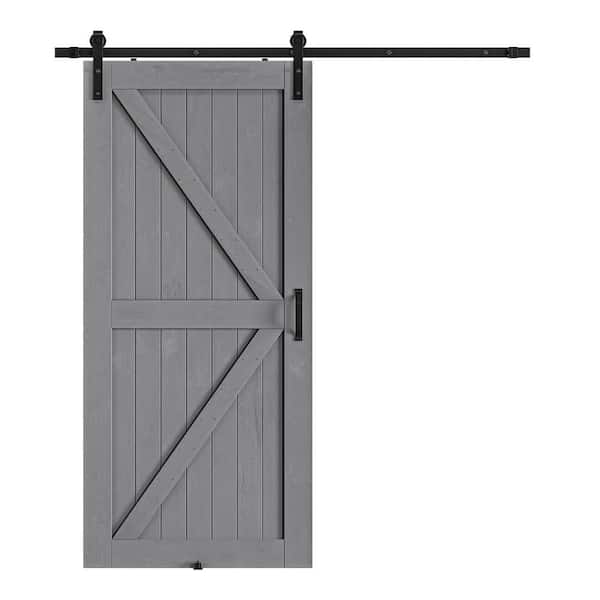 SOCBAZZAR 38 in. x 84 in. Grey Wood K-Shaped Natural Solid Finished Interior Sliding Barn Door with Hardware Kit