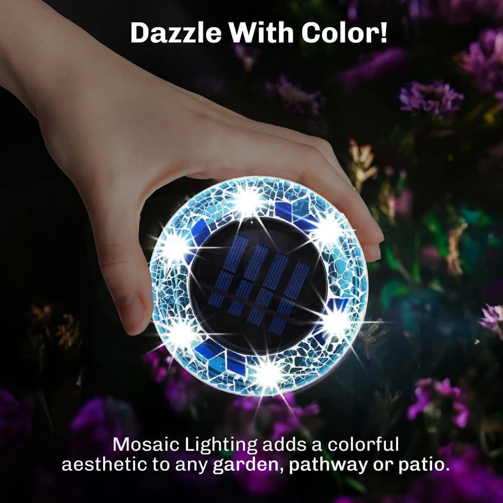 Blue Mosaic Solar Powered LED Pathway Disk Lights, Set of 8