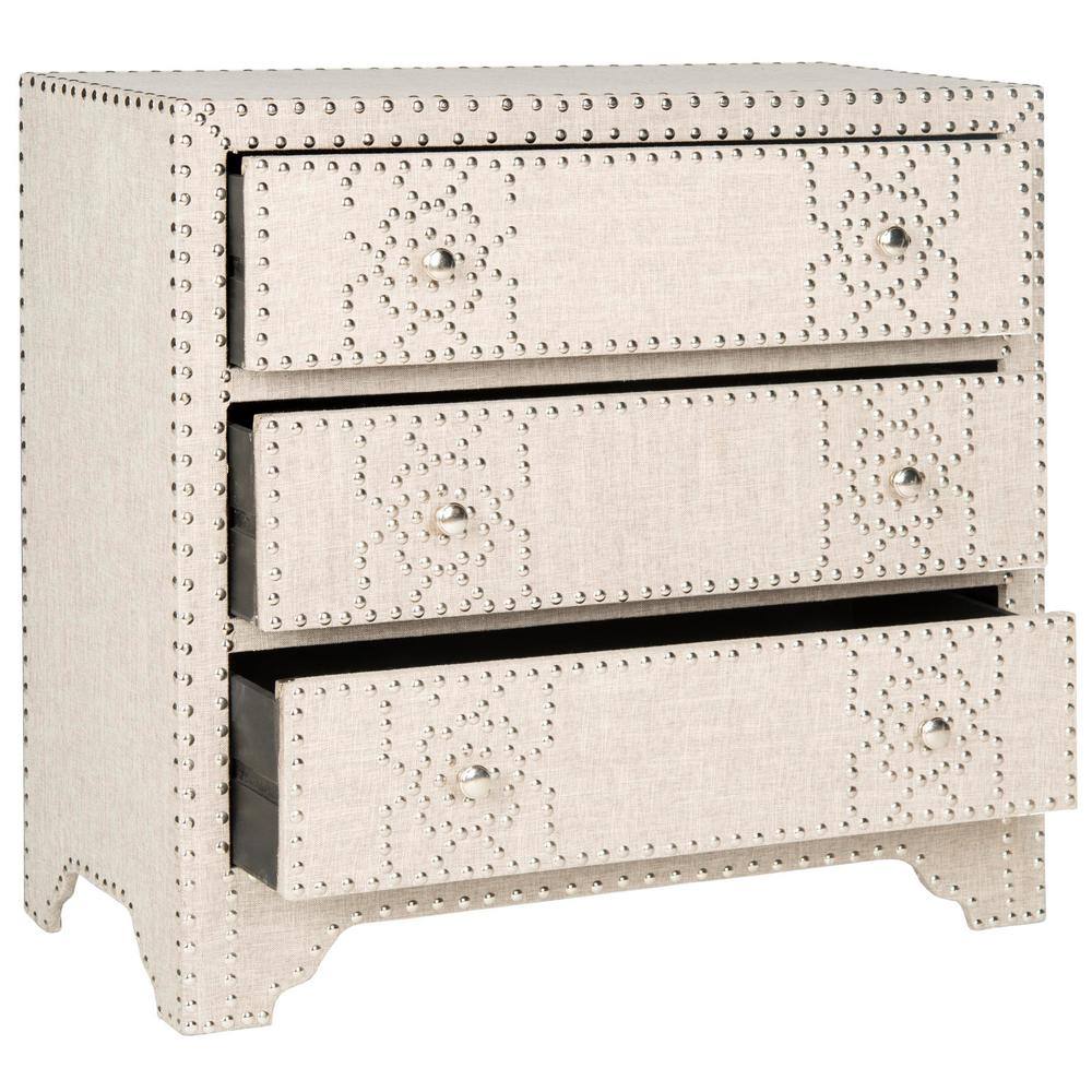 Transitional Gray 32" Fir Wood 3-Drawer Chest with Silver Nailheads