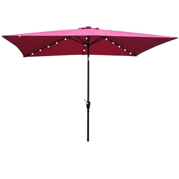 Unbranded 10 ft. x 6.5 ft. Steel Solar LED Lighted Market Umbrella with Crank and Push Button Tilt for Garden Backyard Pool in Red
