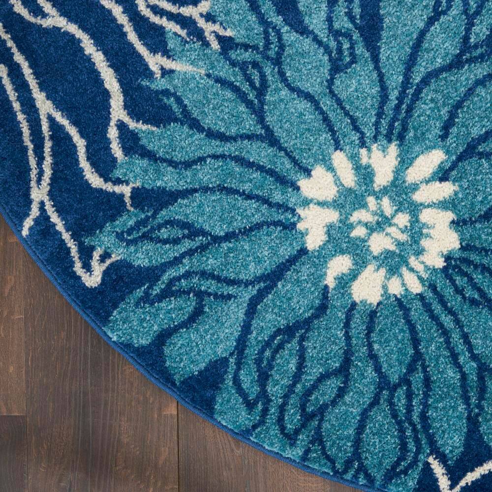 Navy and Ivory Round Floral Synthetic Area Rug, 8 ft