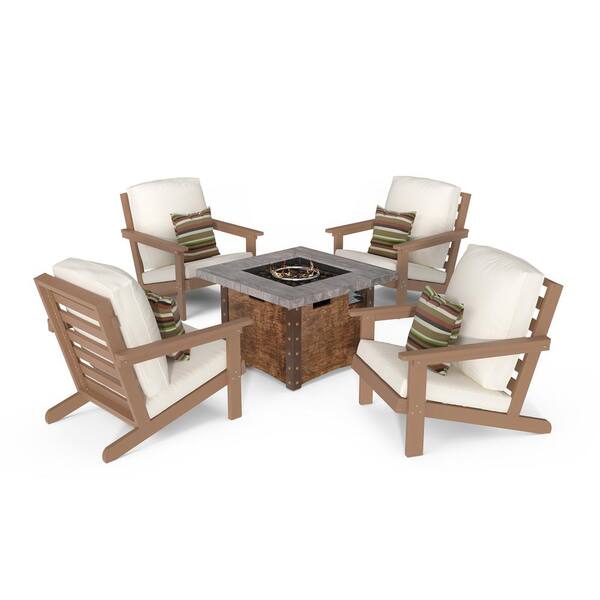 Mondawe 5-Piece Patio Conversation Set HIPS Lounge Chairs 50,000 BTU Propane Fire Pit Table with Beige Cushion