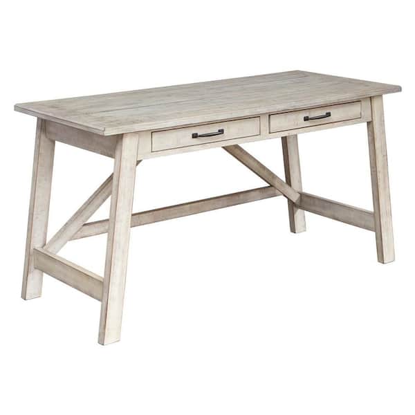 60 in. Rectangular Antique White Wood 2-Drawer Writing Desk with Truss Beam Legs