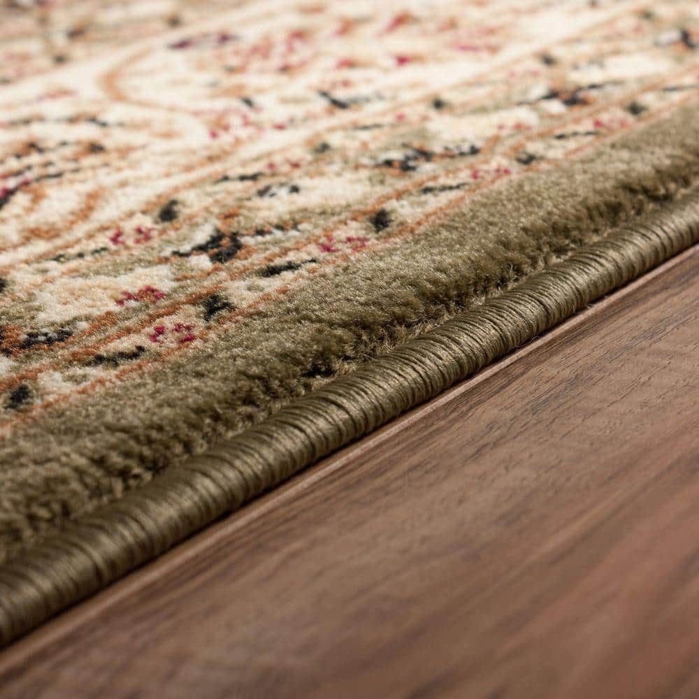 Green and Ivory Synthetic Traditional Runner Rug