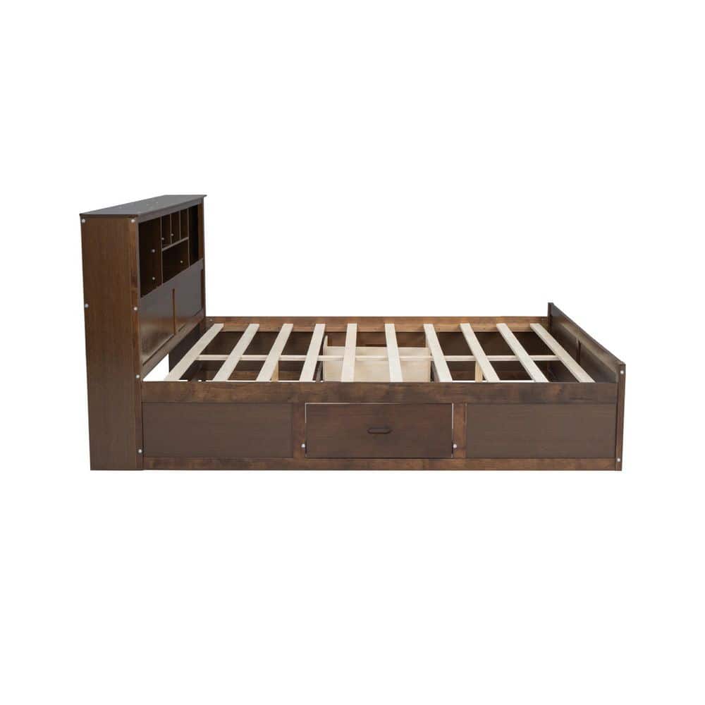 Eric Brown Wood Frame King Size Platform Bed with Storage Headboard, Charging Station, 2 Drawers, Shelves, Antique Wood - thumbnail 2