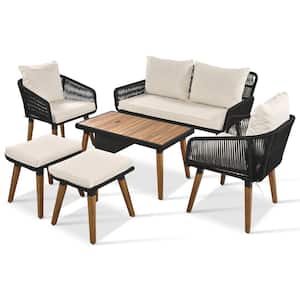 6-Piece Wood Outdoor Patio Conversation Set with Beige Cushion, Table with Ice Bucket, 2 Stools for Backyard, Balcony