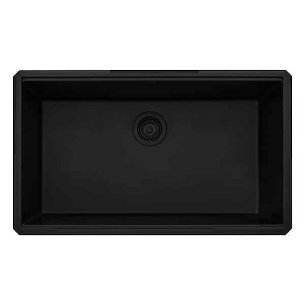 EpiStage 32 in. Undermount Single Bowl Black Granite Quartz Composite Kitchen Sink with Accessories