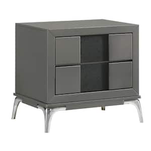 22.2 in. Gray, Chrome and Black 2-Drawers Wooden Nightstand