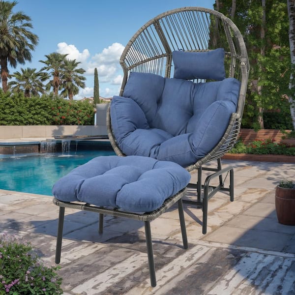 Patio Gray Wicker Large Glider Egg Chair Outdoor Lounge Chair with Blue Cushion and Ottoman