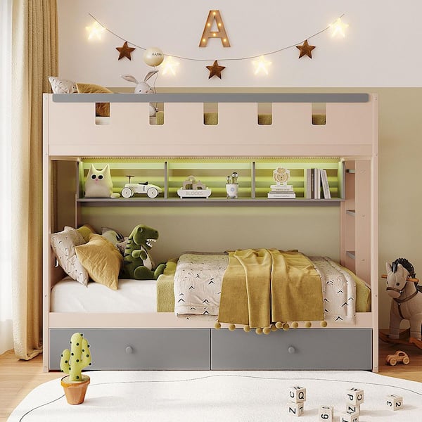 Katya Gray Twin Over Twin Size Castle Style Bunk Bed with 2 Drawers and Shelf