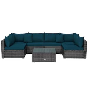 Mix Grey 7-Piece Wicker Patio Conversation Sectional Seating Set with Peacock Blue Cushions