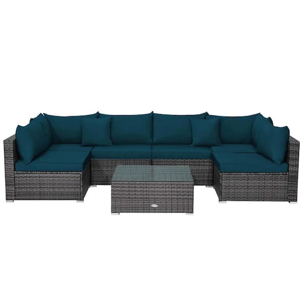 Costway Mix Grey 7-Piece Wicker Patio Conversation Sectional Seating Set with Peacock Blue Cushions